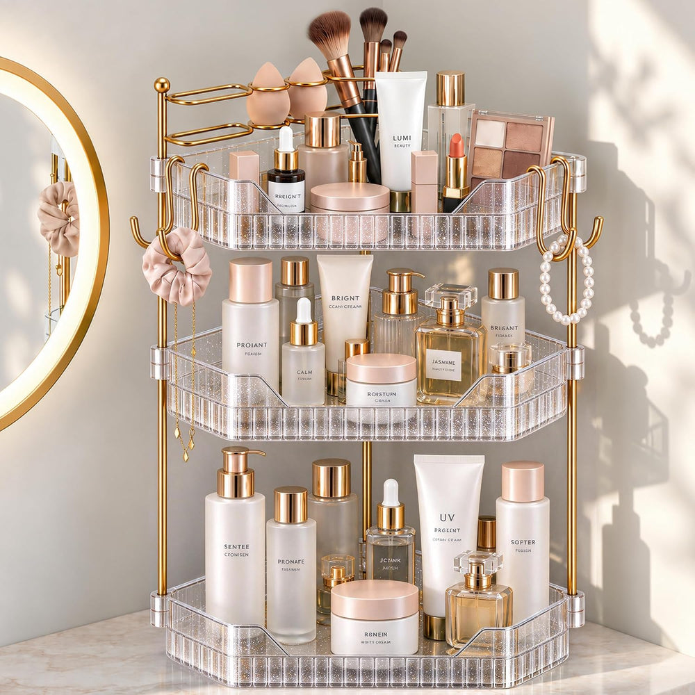 3 Tier Glitter Makeup Organizer Countertop with Makeup Brush Holder & Hooks