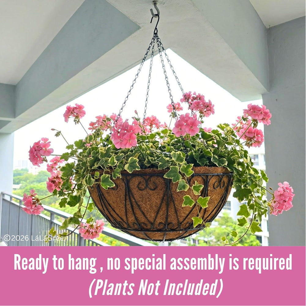 LaLaGreen Hanging Baskets (20 in, 4 Pack) Black Metal Flower Pots with Hook