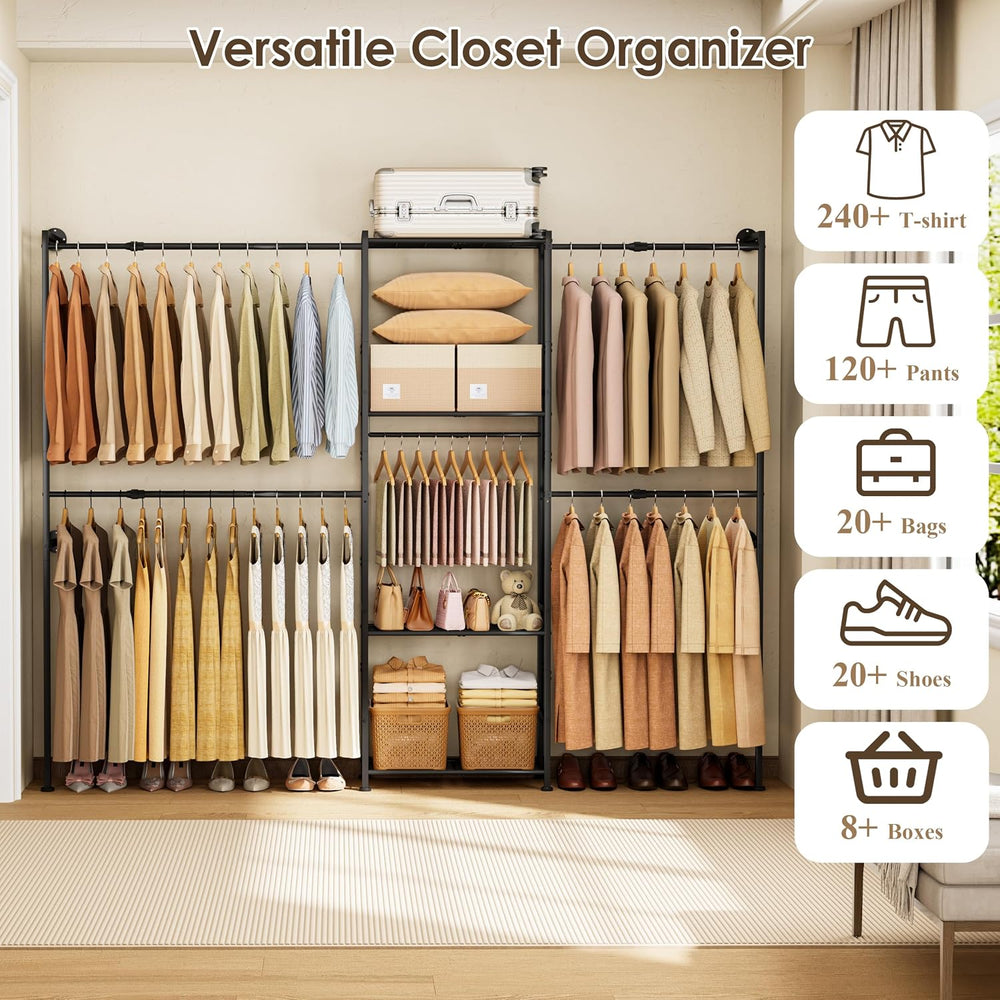 Wall Mounted Closet System, Expandable Clothing Rack with Shelves