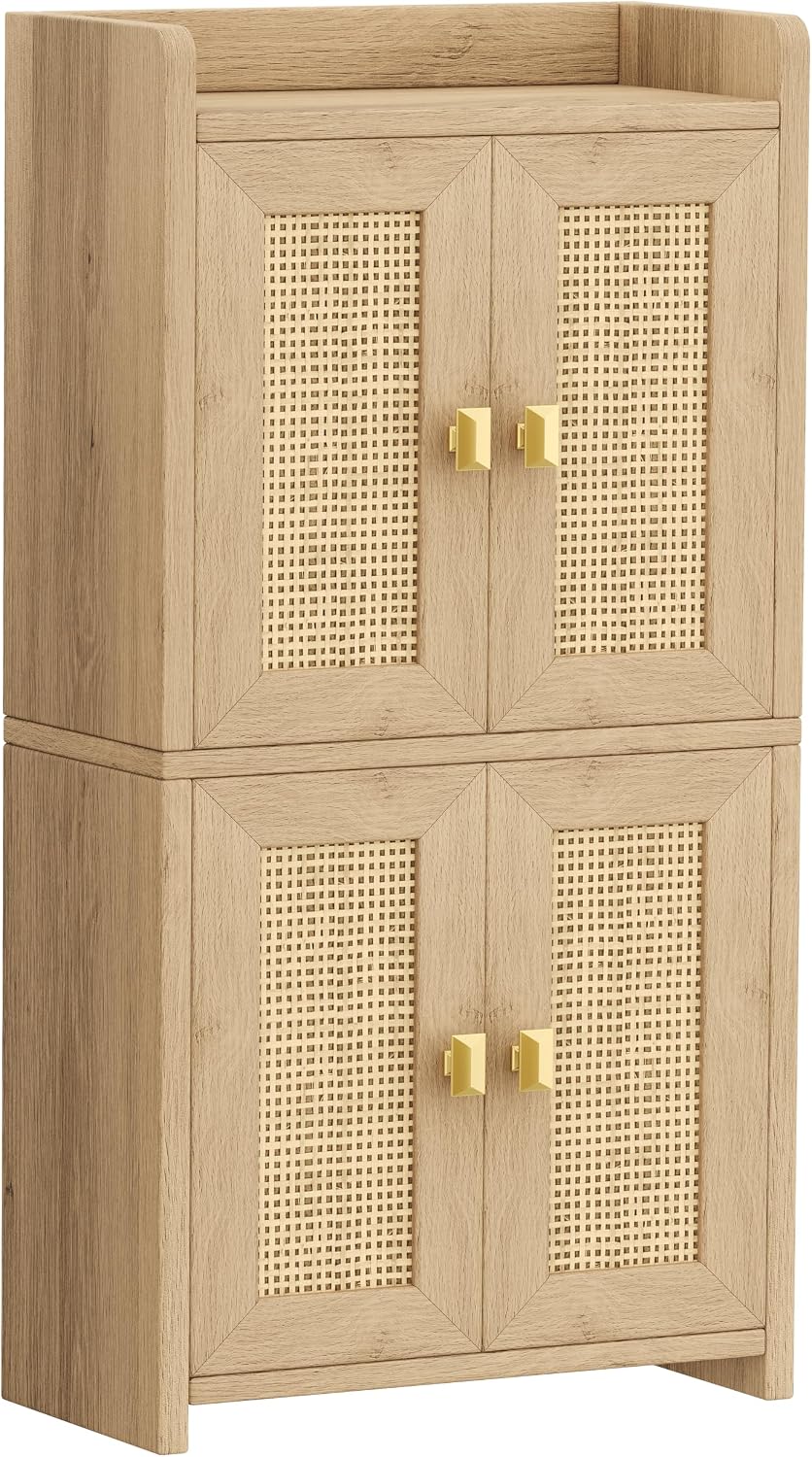 15" Rattan Small Bathroom Cabinet 4 Doors Adjustable Shelf Oak
