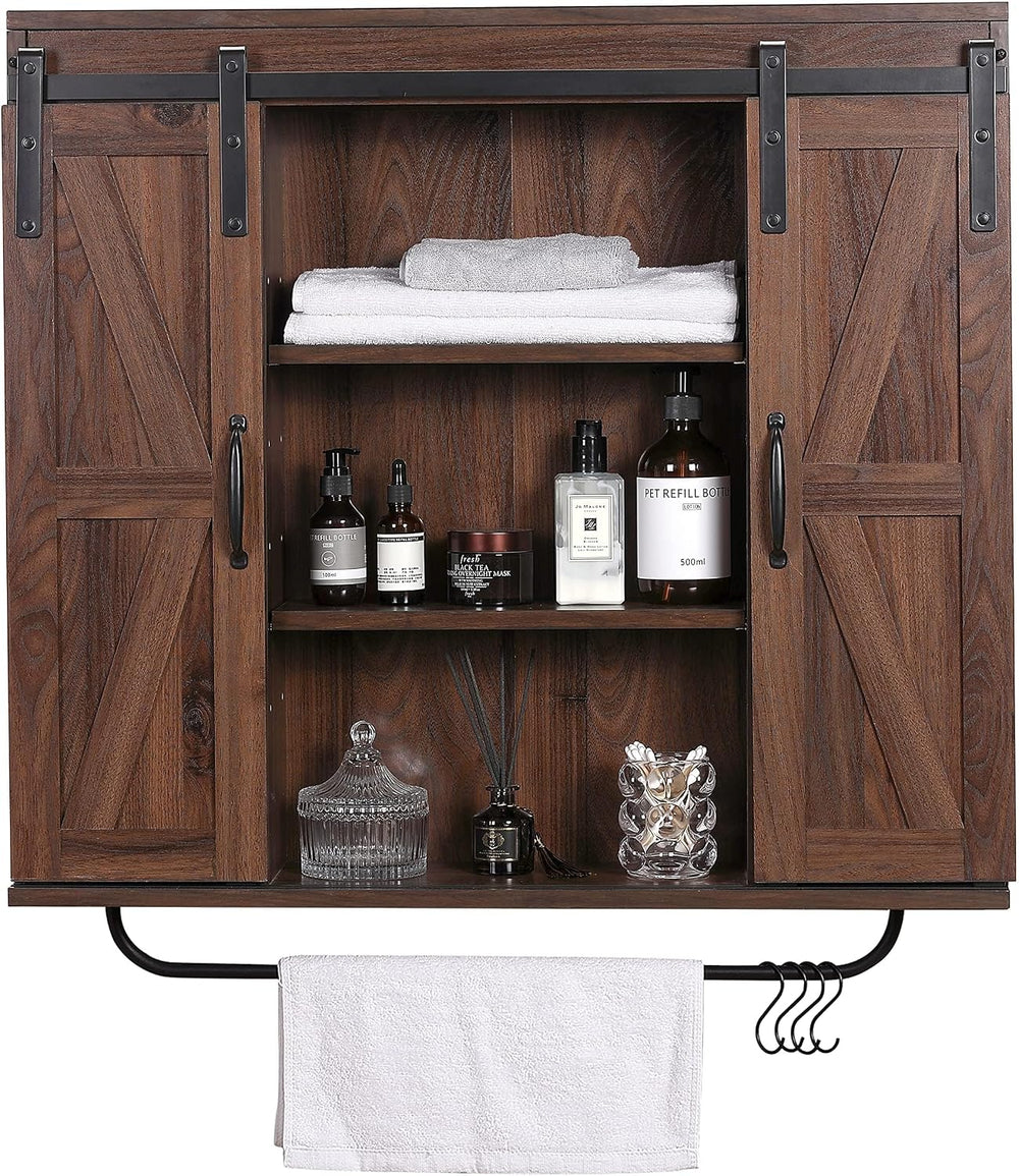 RUSTOWN Farmhouse Bathroom Wall Cabinet with Sliding Barn Door & Towel Rack