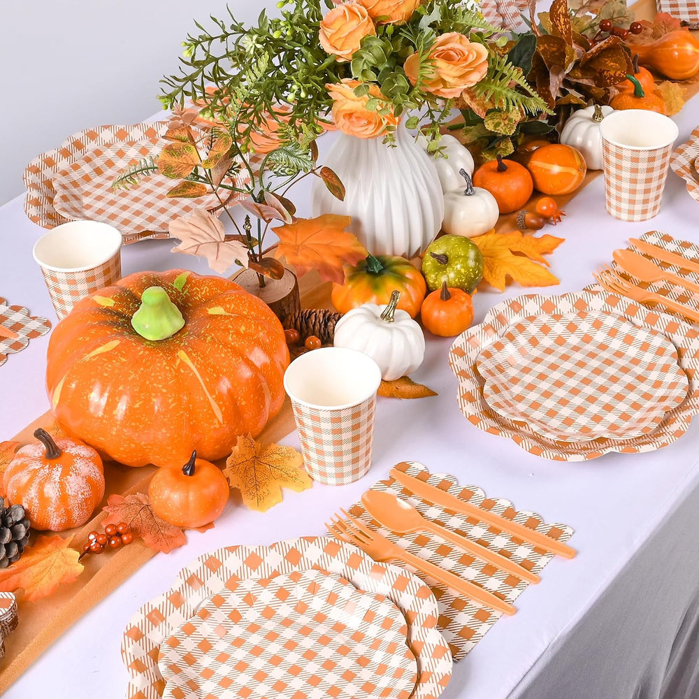 400 Pcs Orange Gingham Party Supplies for 50 Guests Orange and White Scallope...