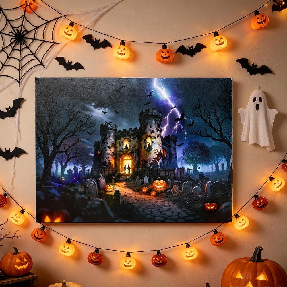 Halloween Canvas Wall Art with LED Lights and Sound Effects, 20x15 Inch