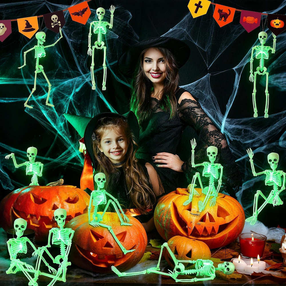 16" Light Up Skeleton Halloween Decorations,10 Pack Posable Skeleton wit...
