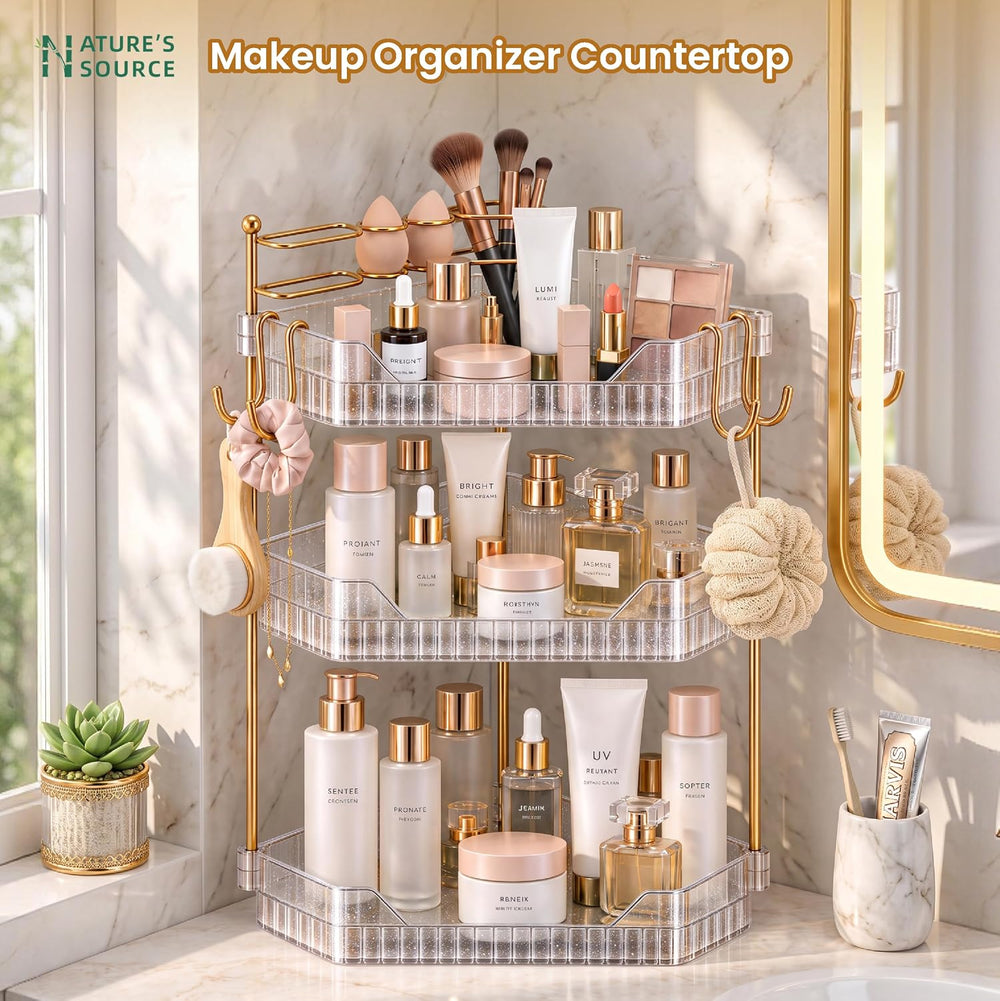 3 Tier Glitter Makeup Organizer Countertop with Makeup Brush Holder & Hooks