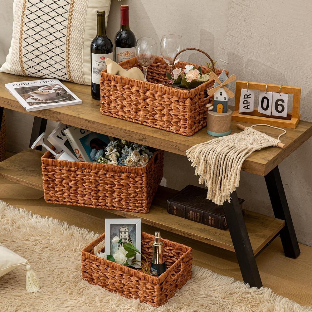 Set of 3 Wicker Storage Baskets, Decorative Baskets With Built-in Handles, Mu...