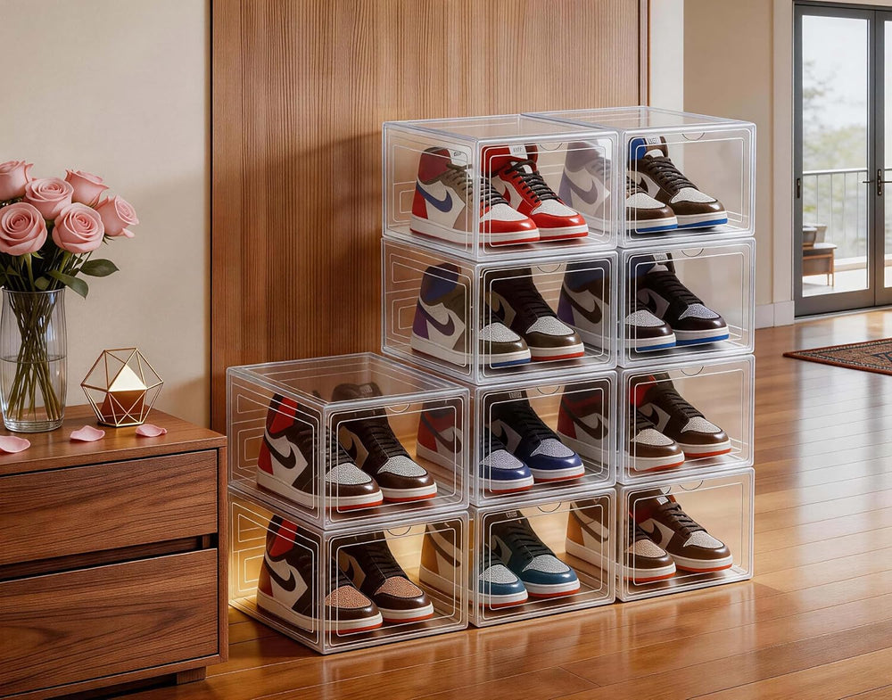 10 Pack Clear Shoe Storage Boxes Stackable, Plastic Shoe Boxes with Lids, Sne...