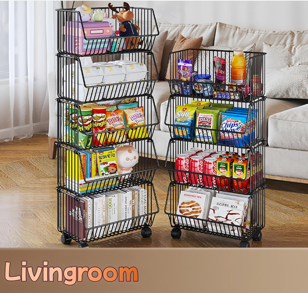 4 Tier Stackable Metal Wire Storage Baskets with Wheels, Fruit Vegetable Stor...