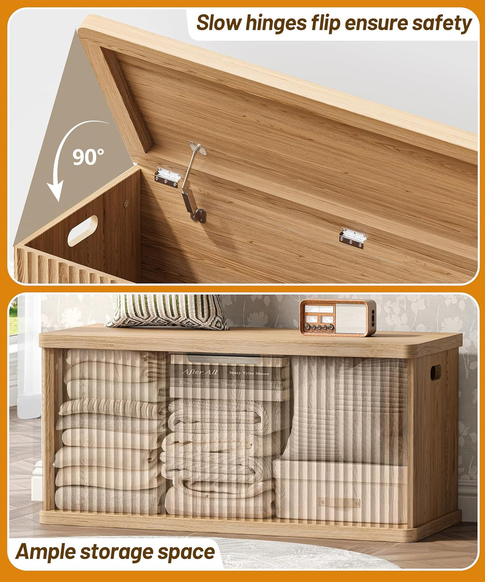 Akxomel 37.4" Fluted Storage Chest Wooden Storage Trunk 2 Safety Hinges Oak