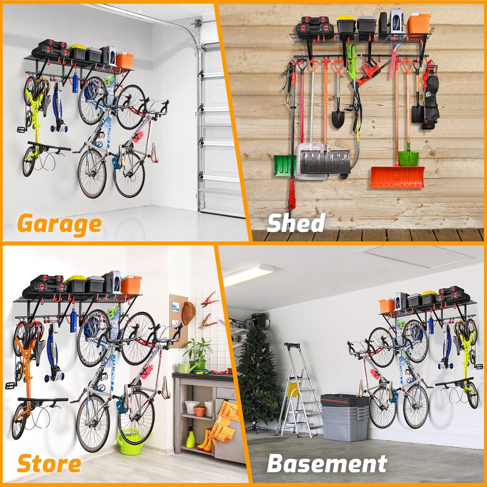 Garage Wall Shelving with Bike Hooks, Adjustable Storage Rack