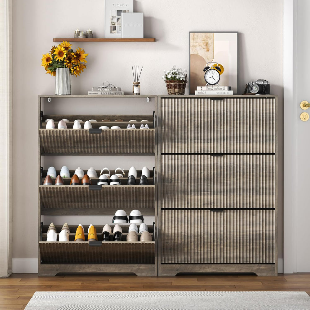 HUANLEGO Shoe Cabinet Storage for Entryway with 3 Flip Drawers, Grey Fluted S...
