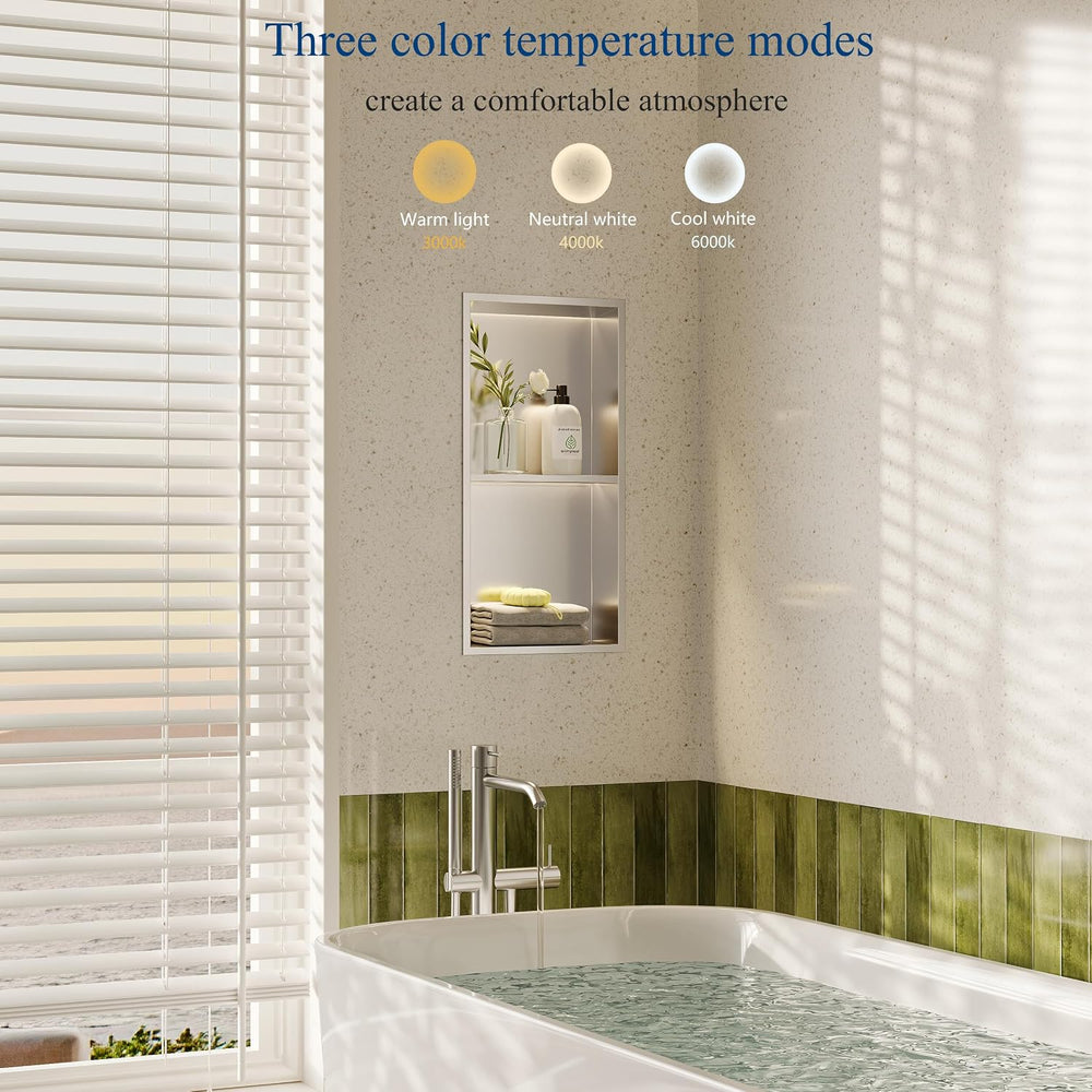 Brushed 2-Tier 3 CCT LED Niche, 12"x24" No-Tile Shower Storage