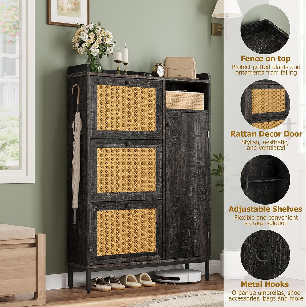 GarveeHome Shoe Cabinet Rattan with 3 Flip Drawers