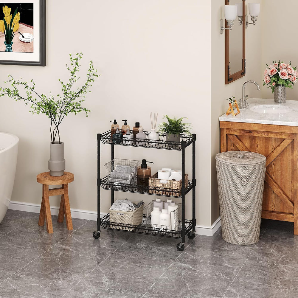 3-Tier Rolling Storage Shelves with Wire Baskets,30 x 13.5 x 30in