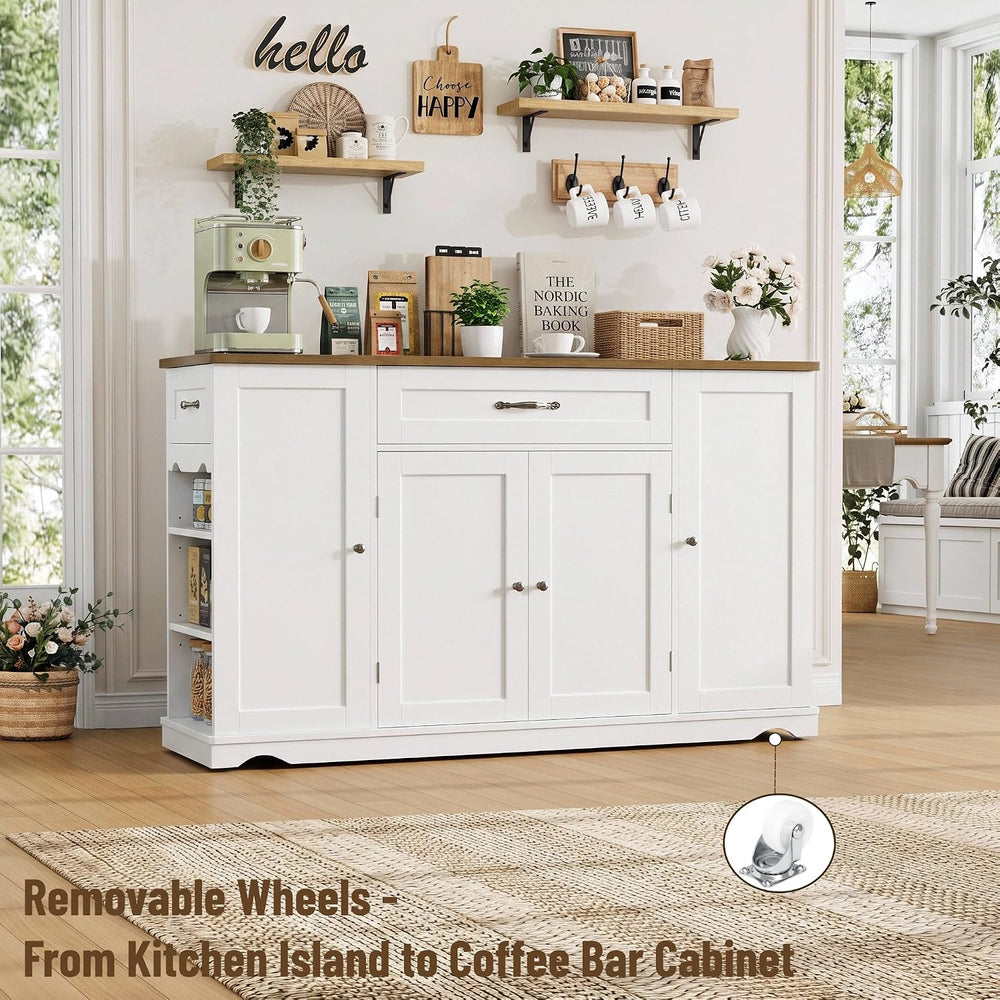 HOSTACK 47" W Kitchen Island Cart with Storage, Rolling Island Table, White