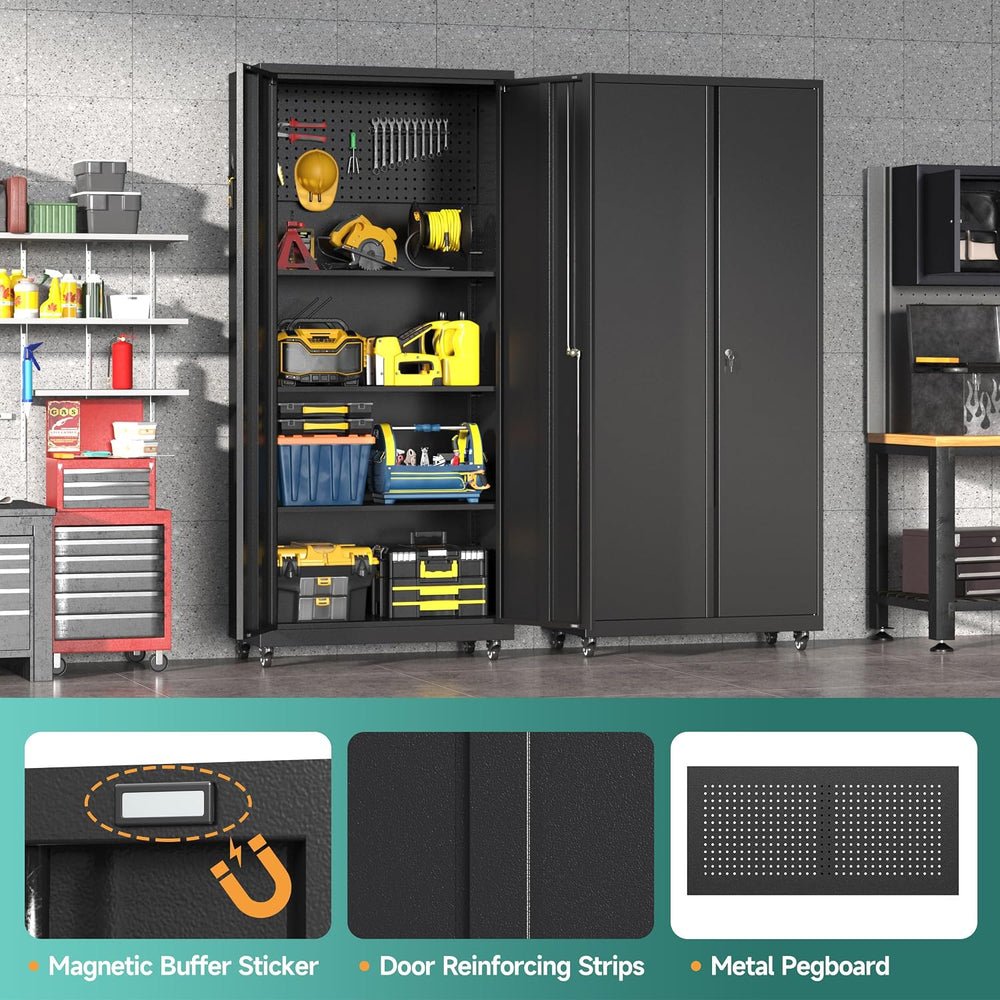 Metal Garage Storage Cabinet with Locking Doors & Pegboard, 71" H Ro...
