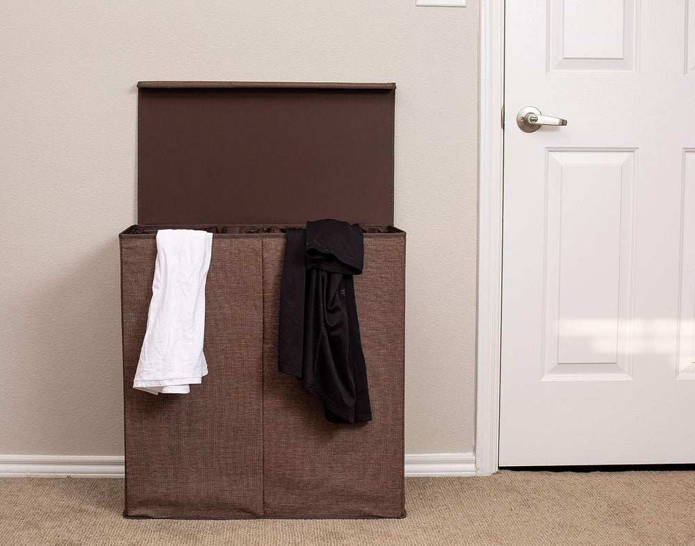 BIRDROCK HOME 13Gal Tall Double Laundry Hamper with Lid, Brown, 25.75”