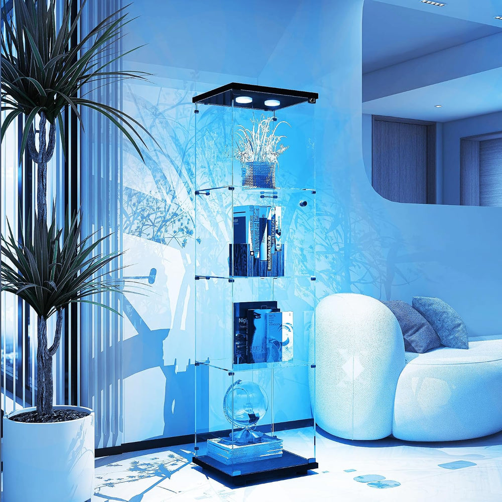 Glass Display Cabinet with Lights and Lock, 4-Tier Display Case Curio Cabinet...