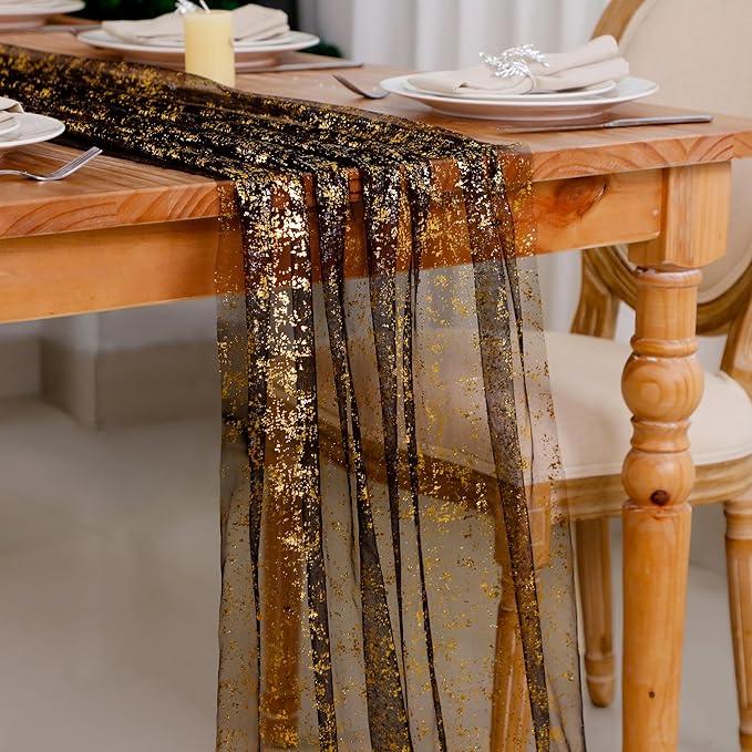 Snowkingdom 10 Pcs Black & Gold Cheesecloth Table Runner 10 FT, Sheer Chi...