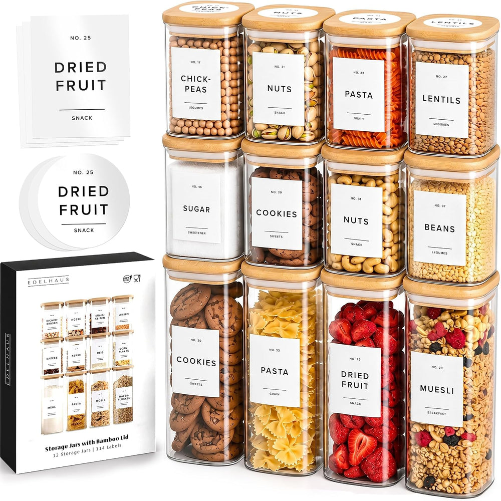 Glass Pantry Storage Jars Containers with Bamboo Lids and Labels