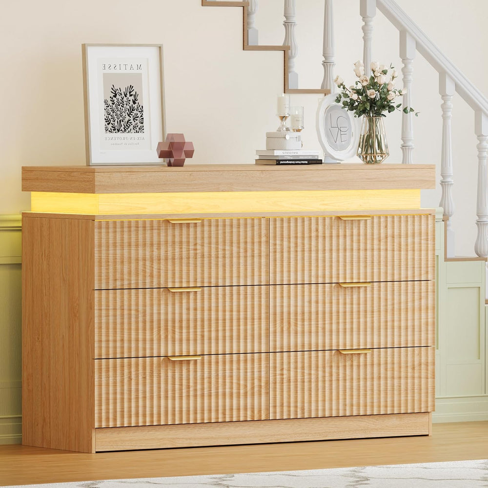 Fluted 6 Drawer Dresser LED Lights & Charging Station, Natural Oak