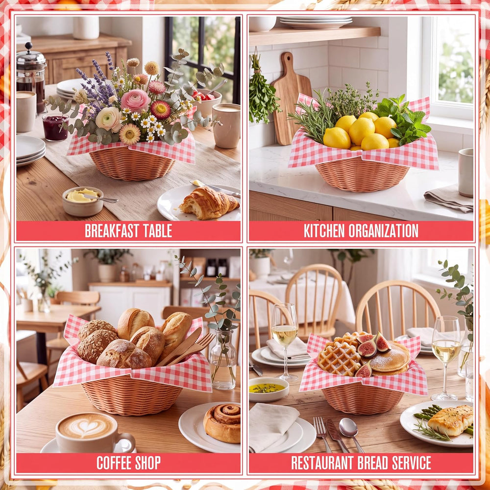 12 Pack Oval Wicker Bread Baskets with 100 Paper Liners, 7.1 x 7.1 x 3.1 in