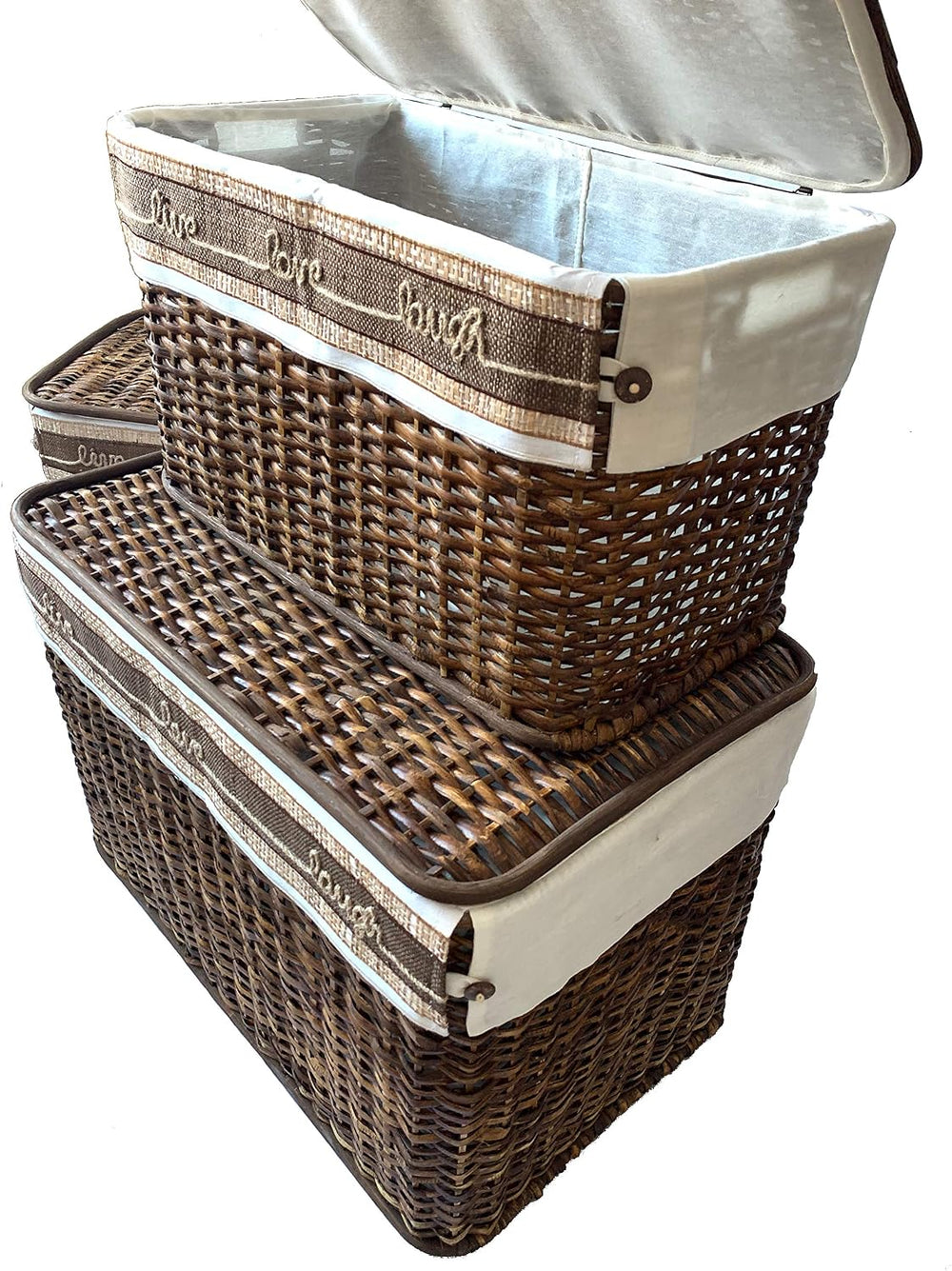 GUTZ Handcrafted Wicker Set of 3 Storage Handwoven Rattan Footlocker Basket C...