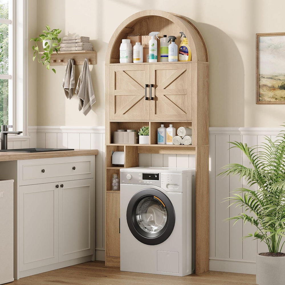 Arched Over The Toilet Storage Cabinet with Barn Doors, Natural