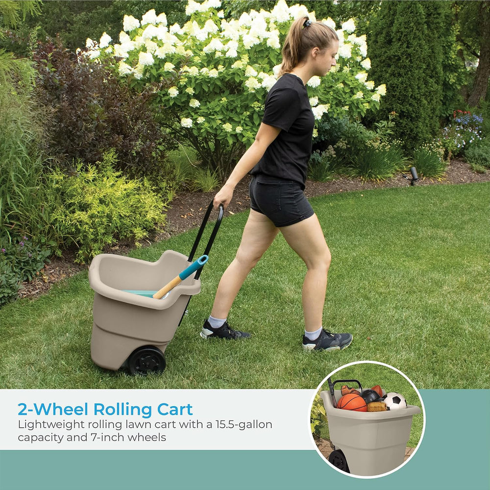 Suncast Garden Cart on Wheels, Taupe 15.5-Gallon Resin Outdoor Utility Yard C...