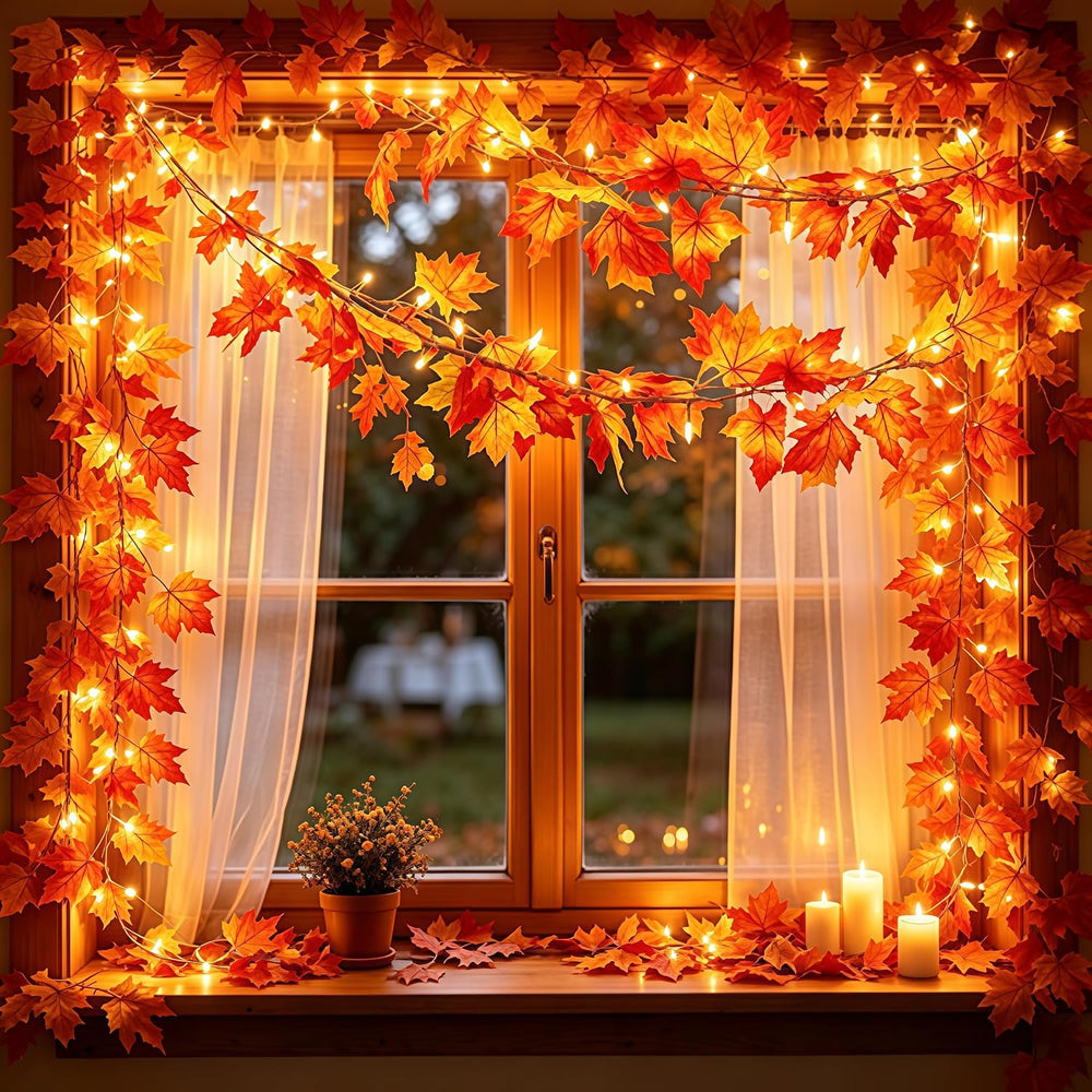 2Pack Fall Decor 9.1ft Plug in Fall Garland with Lights 50 Orange Bulb Connec...