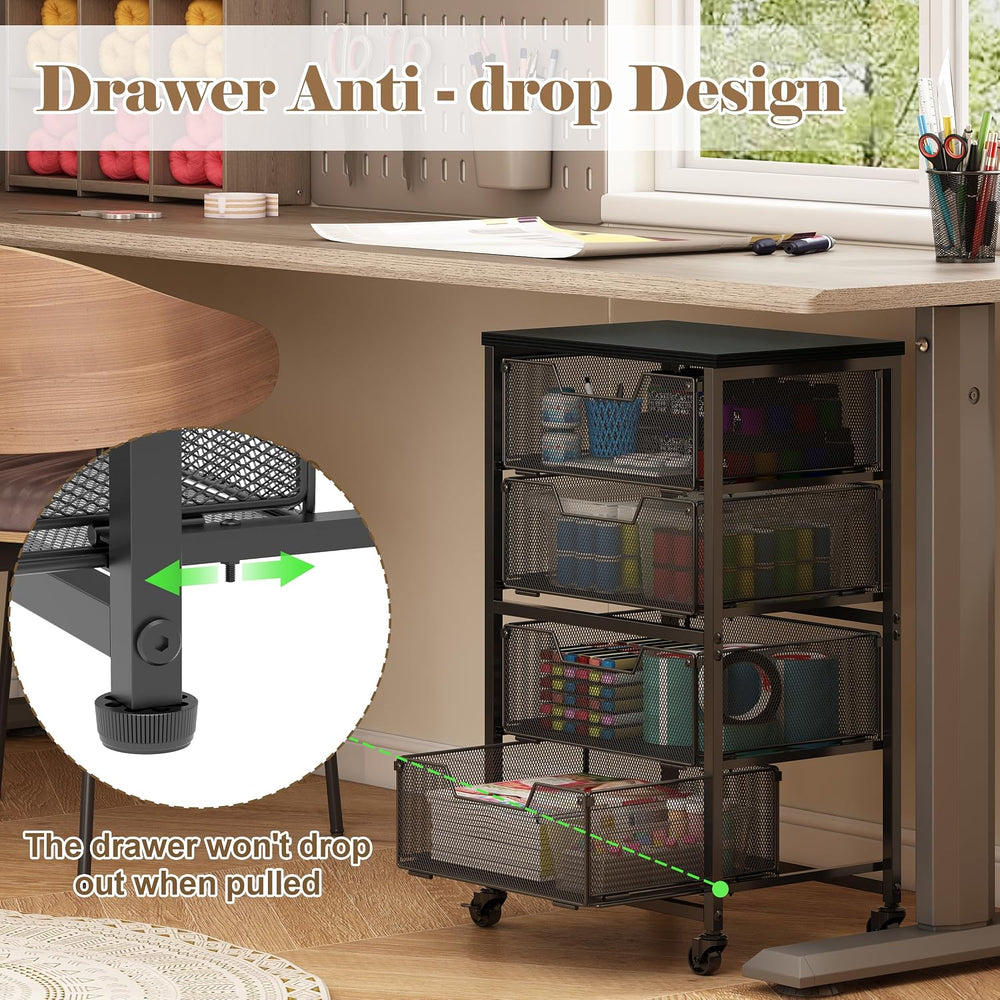 Rolling Cart with Drawers, 4-Drawer Storage Cart on Wheels with Wooden Top, M...