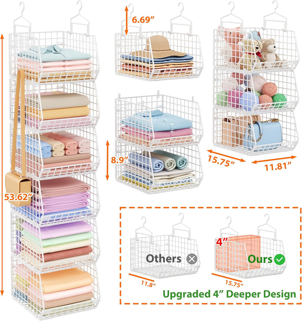6 Tier Extended Depth Hanging Closet Organizer, Closet Storage Hanging Shelve...