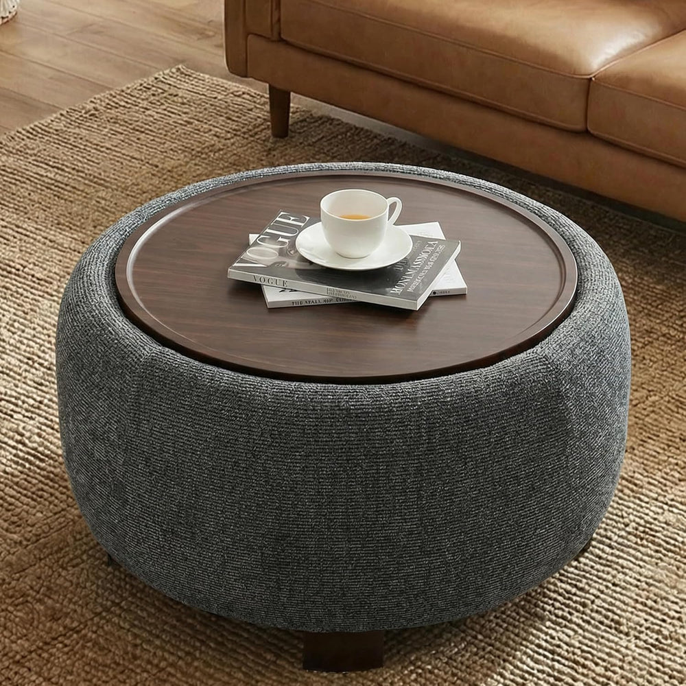 VKNOW 30 Inch Fabric Round Storage Ottoman with Wood Lift-Off Lid, Black