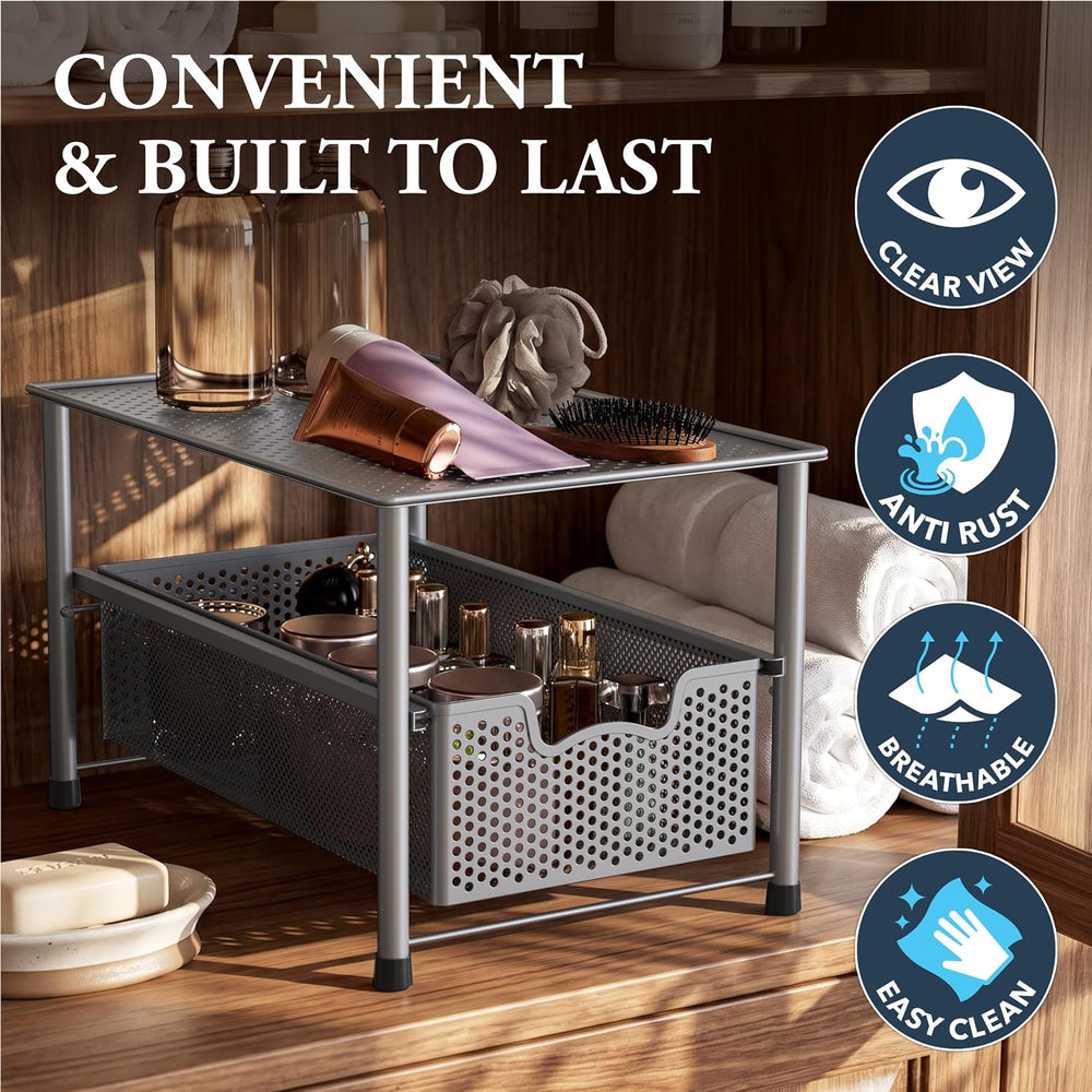 Simple Houseware Stackable Under Sink Sliding Basket Drawer, Silver
