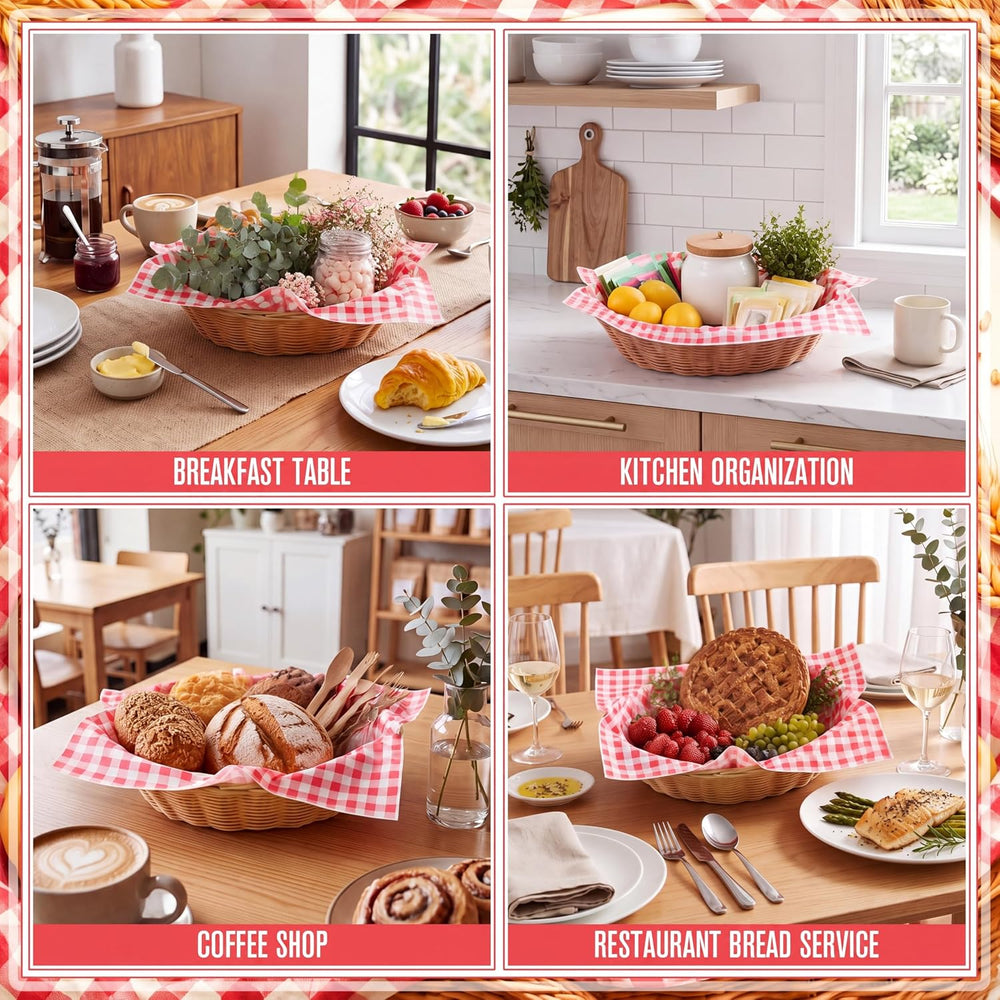 12 Pack Oval Wicker Bread Baskets with 100 Paper Liners, 9 x 5.9 x 2.4 in