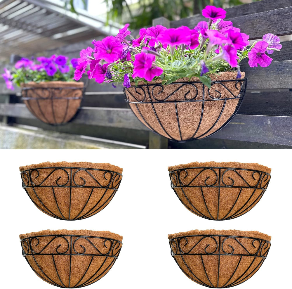 LaLaGreen Wall Planter (12 in, 4 Pack) Black Metal Coco Liner Flower Pots