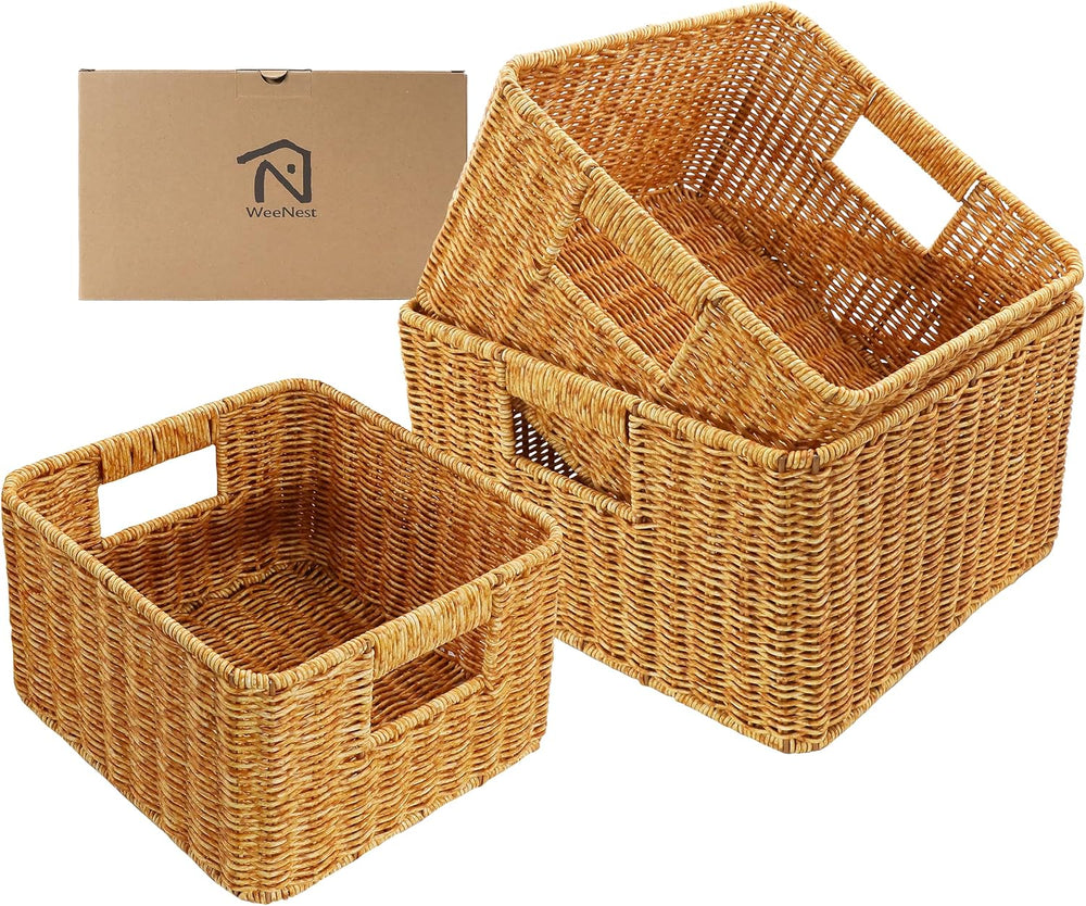 WeeNest Baskets with Handles, Wicker Storage, Set of 3, Amber