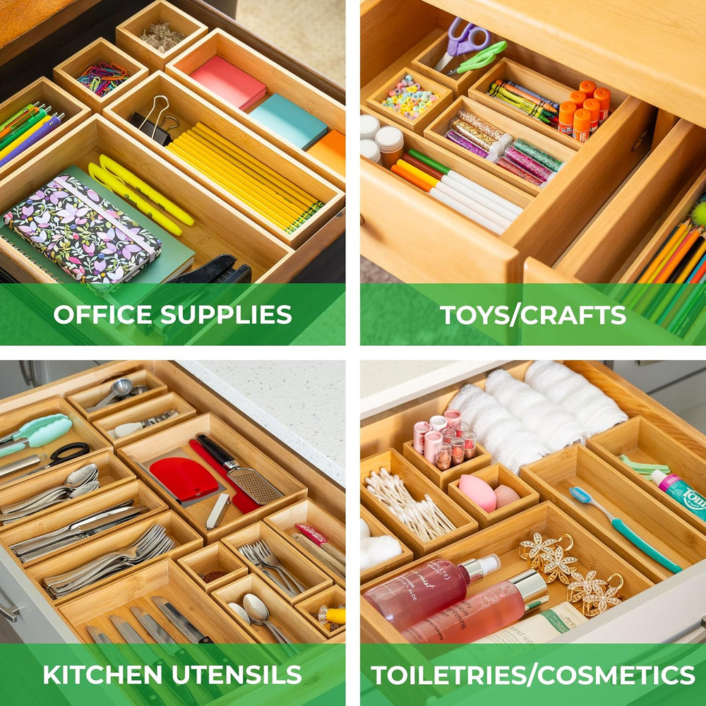 Grow Forward Bamboo Drawer Organizer Boxes - Set of 14 Wooden Drawer Organize...