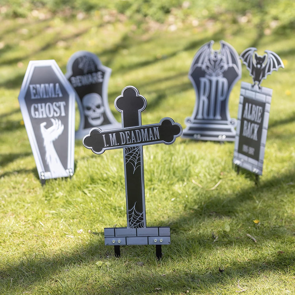 3-D Metal Halloween Ghost Cemetery 17" Tombstones - Full Set of 5 w Stakes