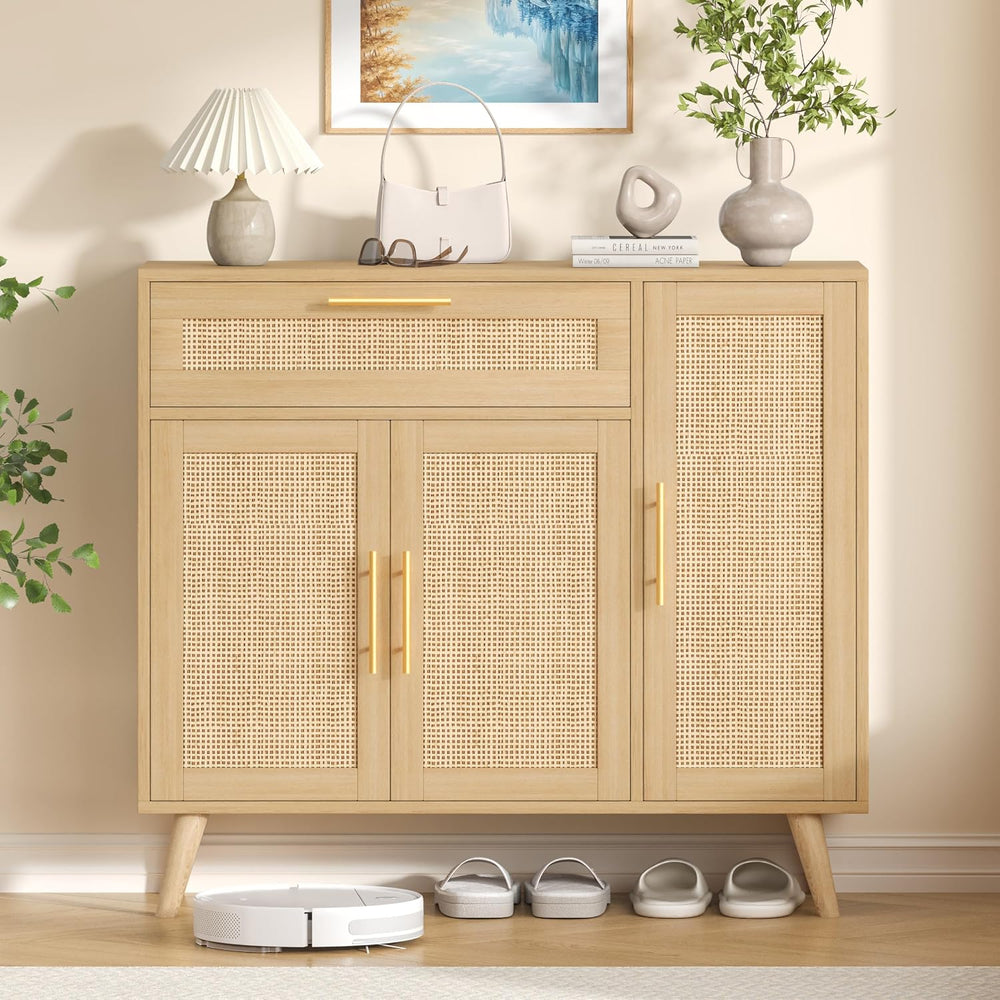 Kitchen Buffet Cabinet with 3 Doors, Rattan Storage Cabinet