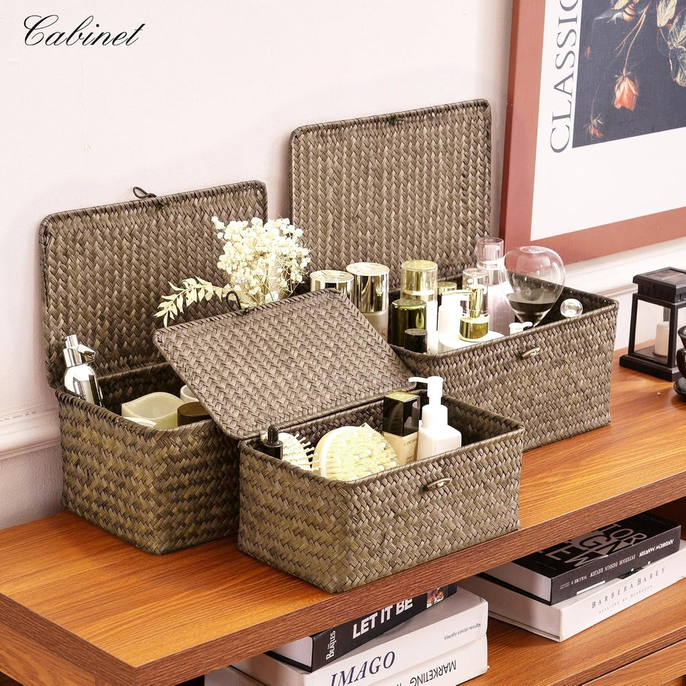Nonam Wicker Storage Basket with Lid,Seagrass Shelf Basket Set of 3,Coffee