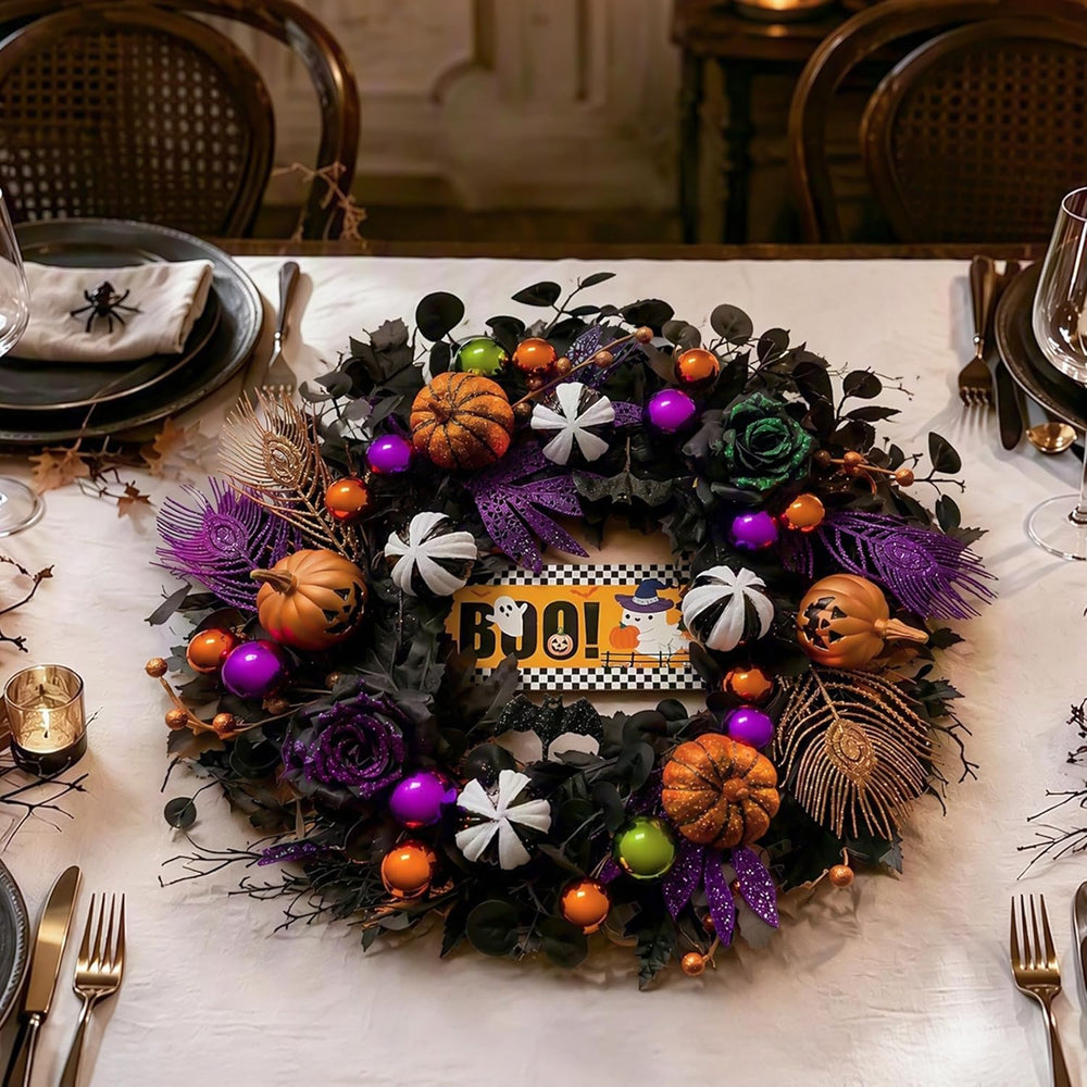 24'' Halloween Wreath for Front Door with Orange Purple Lights
