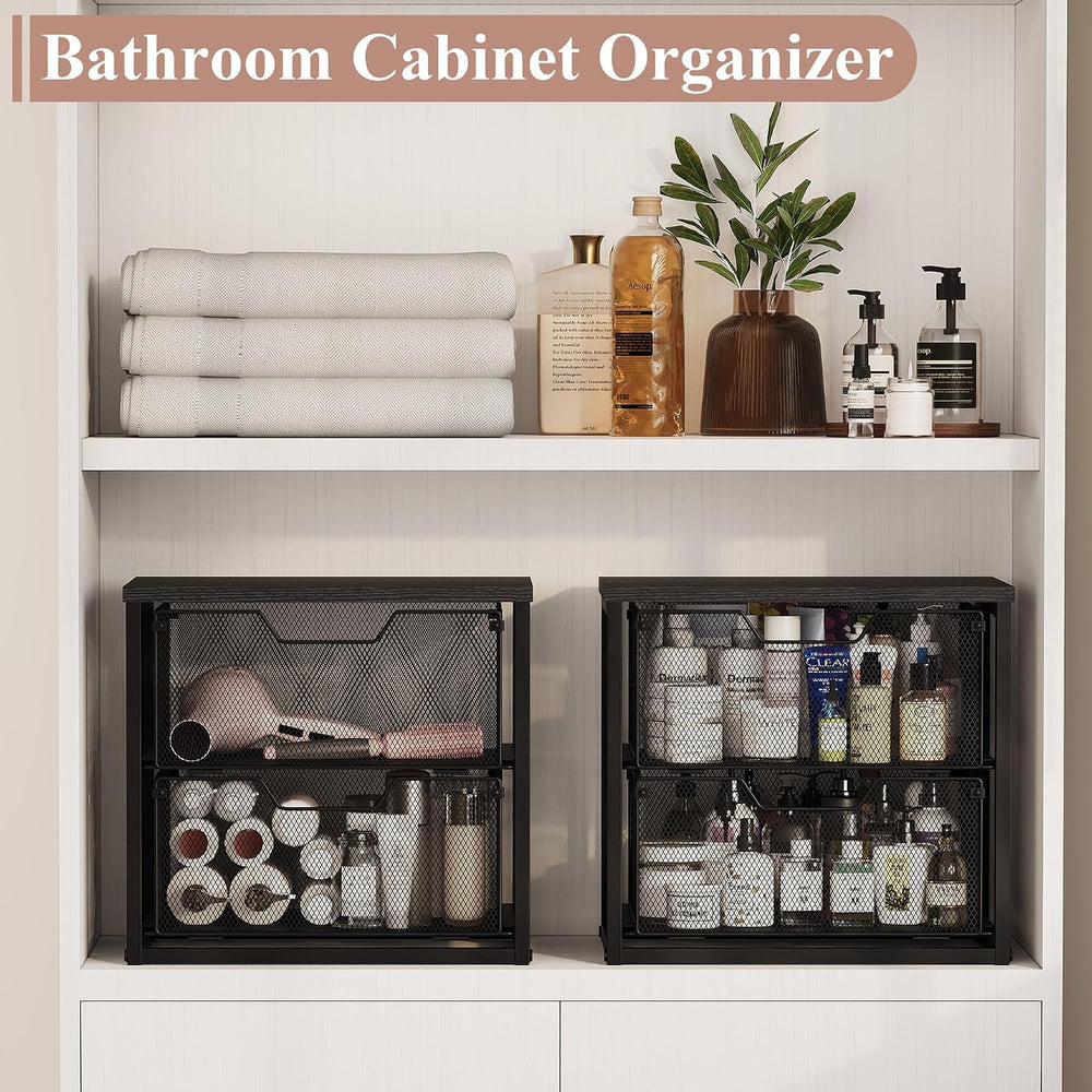 2-Tier Stackable Storage Drawers, Breathable Wire Mesh with MDF Top