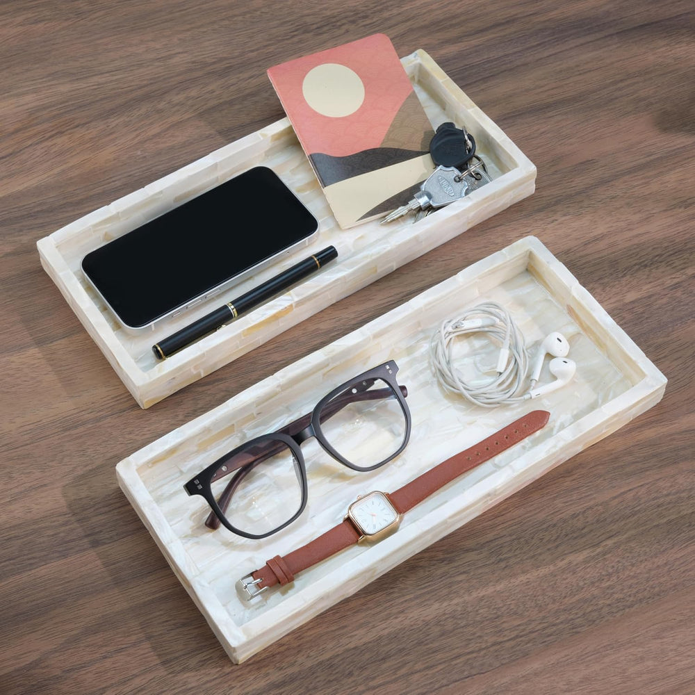 PEMAR Set of 2 Mother of Pearl Bathroom Tray for Counter, 11" Wooden Van...
