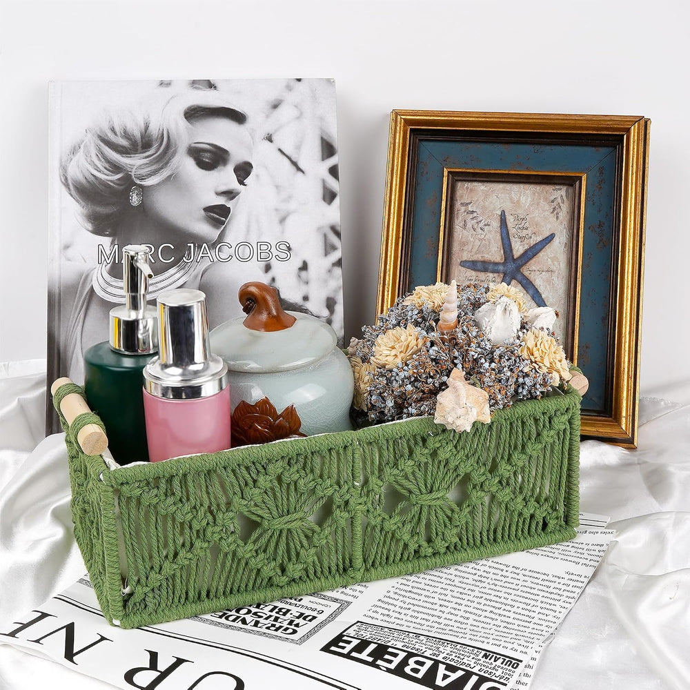 Macrame Storage Baskets Toilet Tank Organizer Set of 2, Green