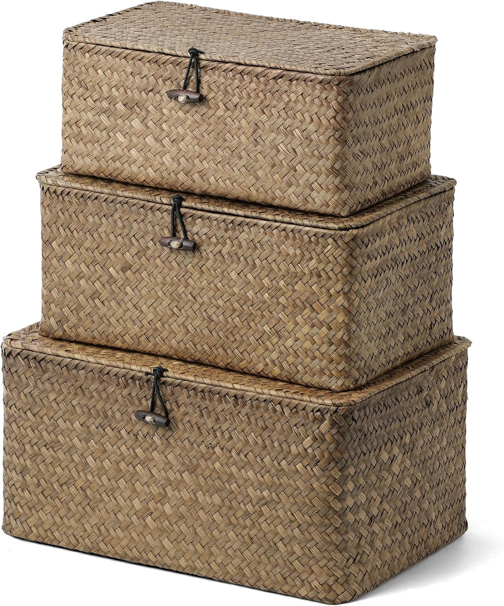 Nonam Wicker Storage Basket with Lid,Seagrass Shelf Basket Set of 3,Coffee