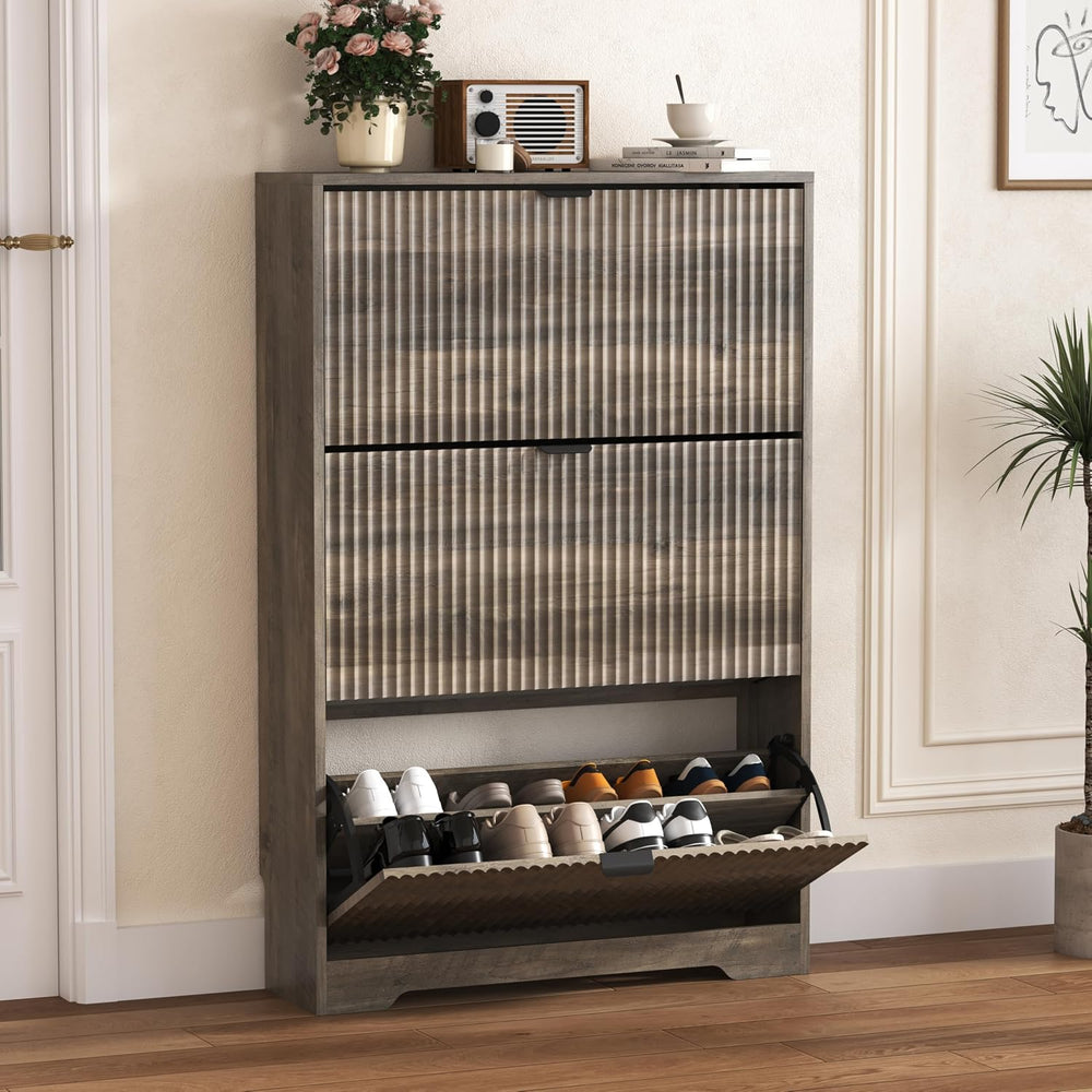 HUANLEGO Shoe Cabinet Storage for Entryway with 3 Flip Drawers, Grey Fluted S...