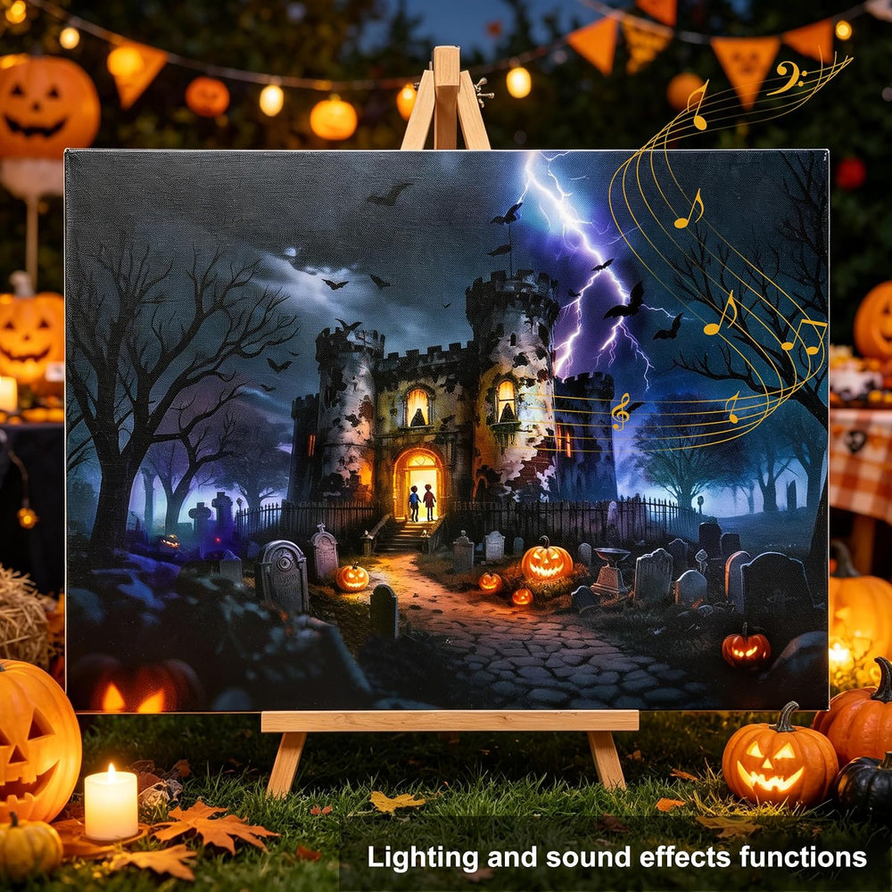 Halloween Canvas Wall Art with LED Lights and Sound Effects, 20x15 Inch
