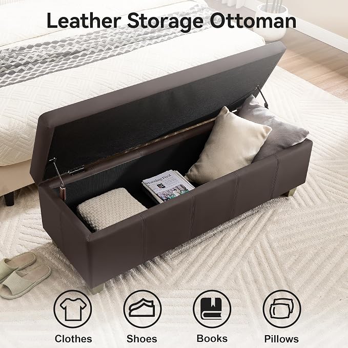 41" Faux Leather Storage Ottoman, Stitch Tufted Rectangle Upholstered En...