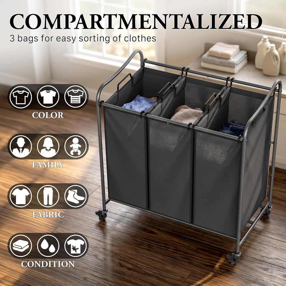 Simple Houseware Heavy Duty 3-Bag Laundry Sorter Rolling Cart, Dark Grey